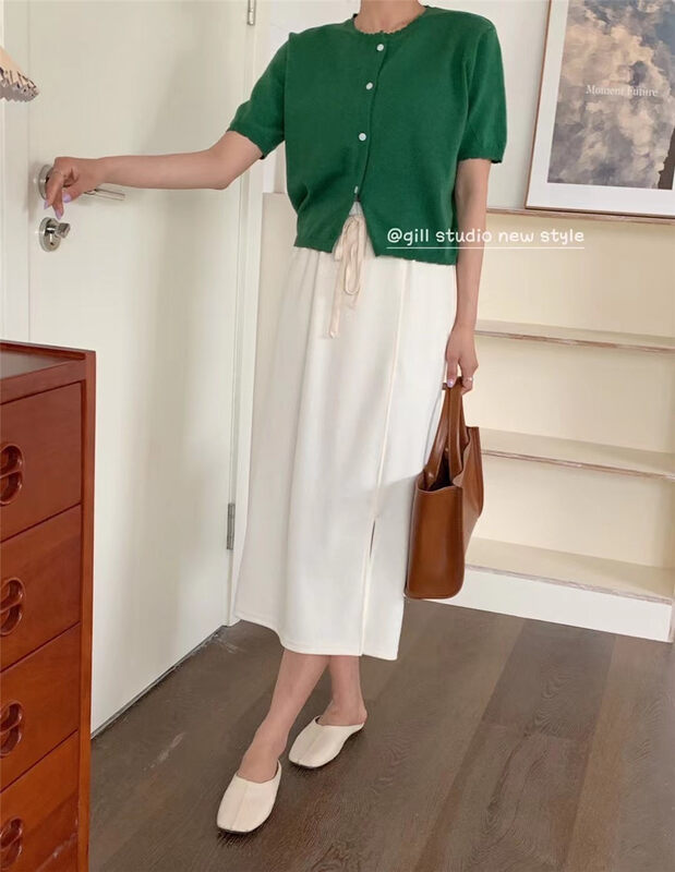 Original price 39.48! [gill] elastic waist drawstring split skirt 9112# zjy