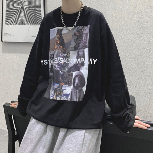 Hong Kong style sweater men's spring and autumn loose fashion brand round neck hiphop long sleeve T-shirt ruffian handsome Korean style versatile top