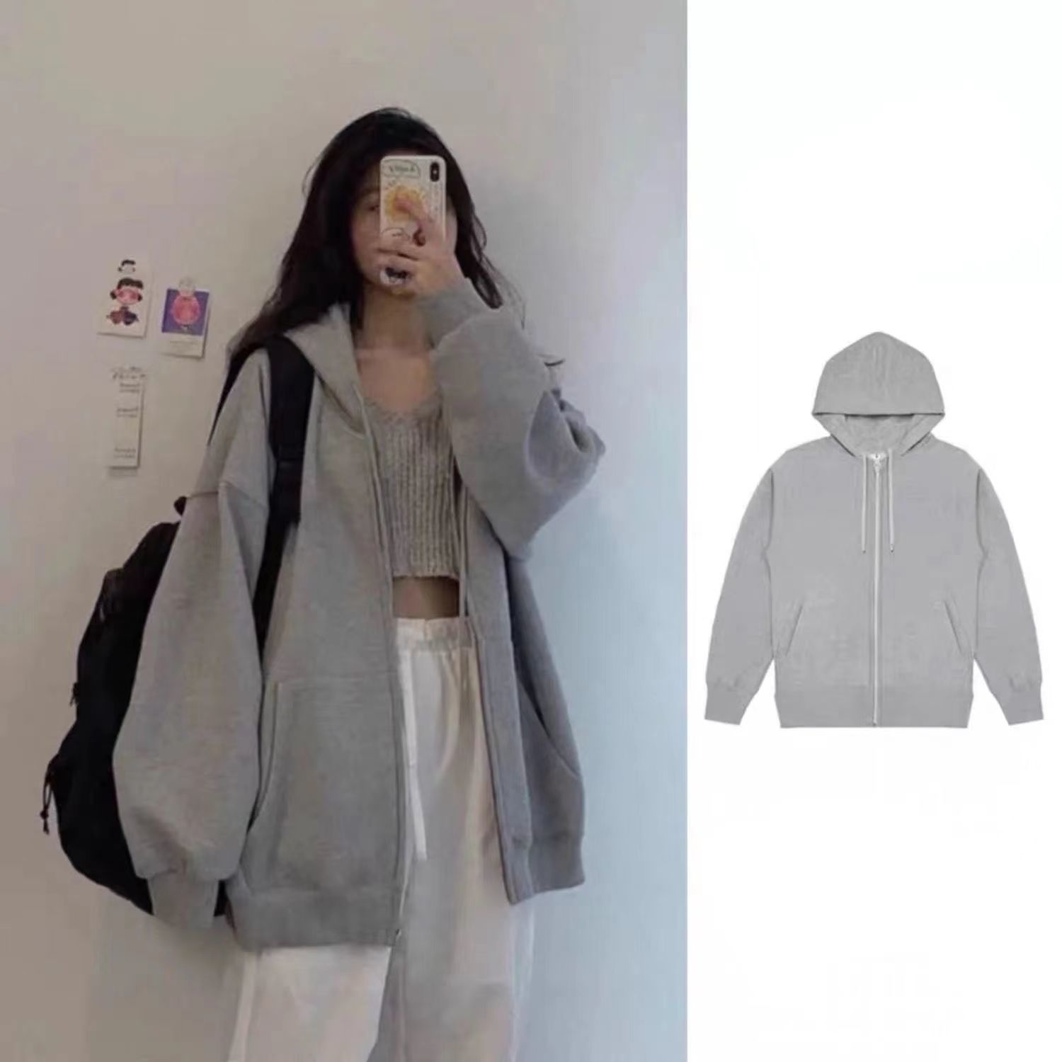 Gray cardigan sweater women's Hoodie 2022 spring and autumn new BF lazy style zipper large fat mm student coat fashion