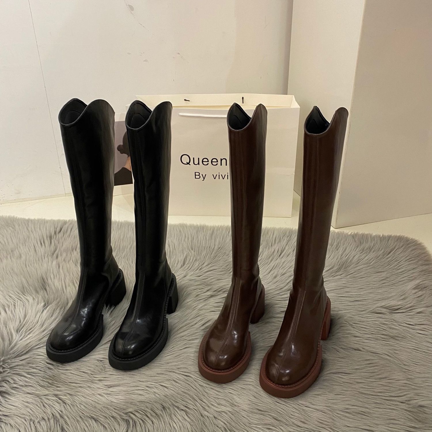 Women's boots 2021 new spring and autumn thin high thick soled boots white knee length small Knight boots shoes