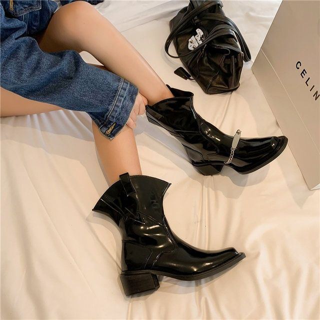 Chain handsome western cowboy boots women's black patent leather thick heel square head middle tube short boots middle heel thin Martin boots fashion