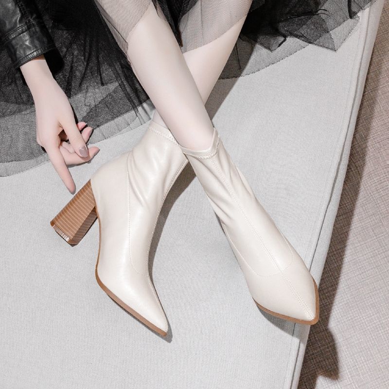 Short boots women's thick heels spring and autumn single boots 2022 winter new pointed high heels bare boots middle tube net red thin boots elastic
