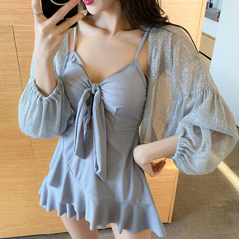 2022 new swimsuit female super fairy ins one-piece conservative belly covering thin long sleeved skirt student hot spring suit
