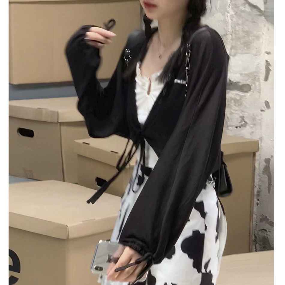 Black sunscreen knitted cool ice silk cardigan women's summer 2022 new shawl thin long sleeved top