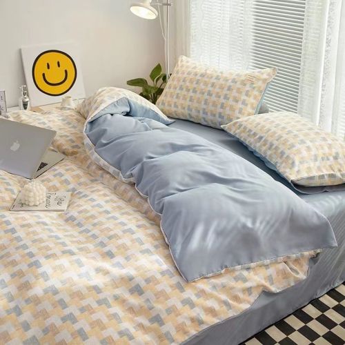 Nordic ins blue checkerboard four piece set simple washed Quilt Set bed sheet three piece set student dormitory fitted sheet