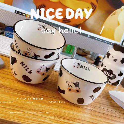Bowl household bowl cow rice bowl creative cartoon bowl net red cute bowl spoon tableware combination ceramic rice bowl
