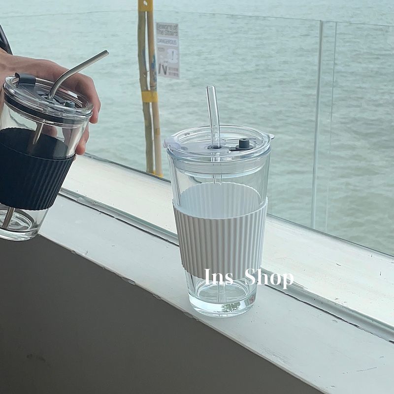 Ins summer coffee cup glass straw cup high color water cup large capacity milk cup net red milk cup with cover