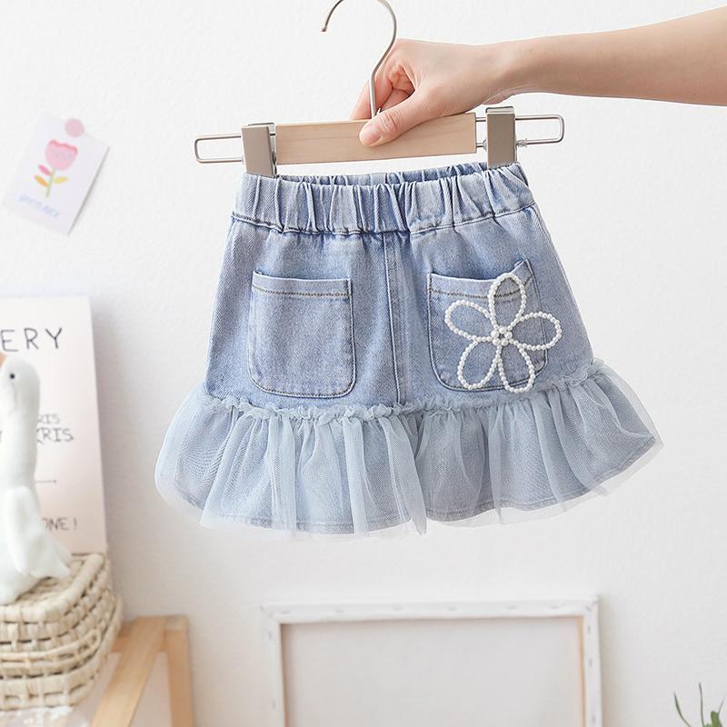 Girls' denim skirt, western style 2022 summer dress, new Korean girls' baby pearl mesh denim skirt, princess skirt