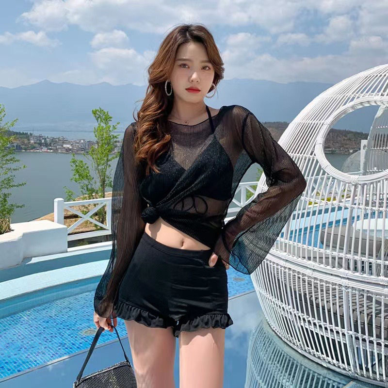 Swimsuit woman 2022 new ins sexy three piece set covers the belly and looks thin, gathering conservative fairy fan swimsuit