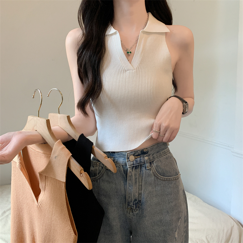 Real price Korean polo collar short slim tank top