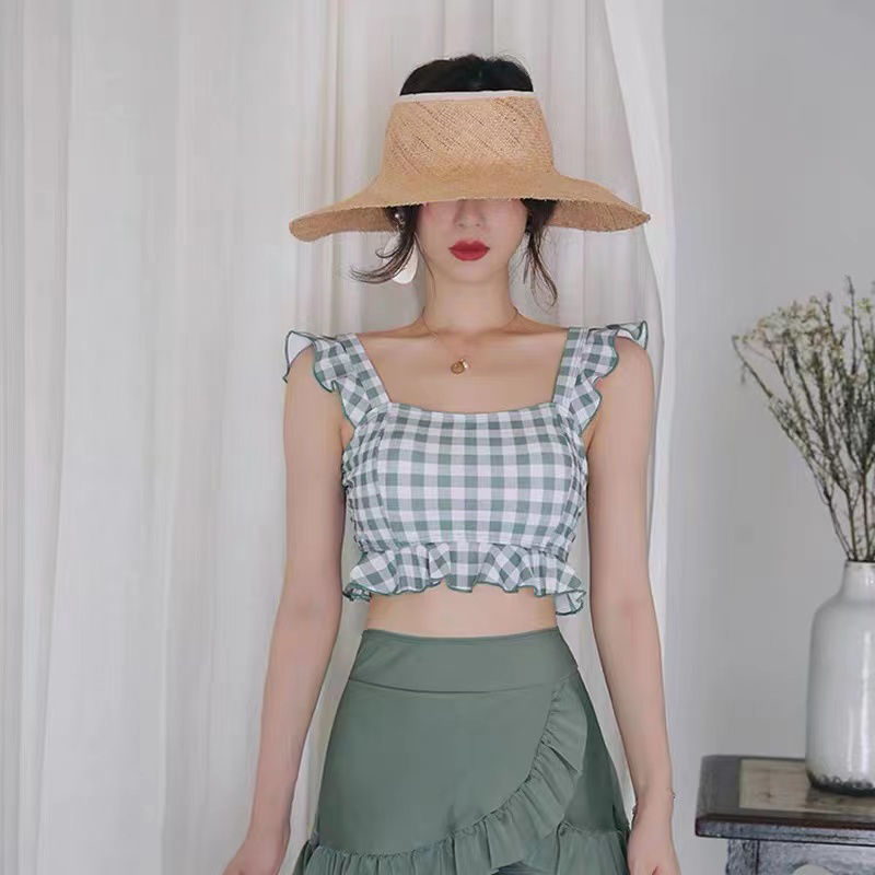Matcha green Japanese super fairy girl split swimsuit Vintage lattice sweet lace student hot spring resort swimsuit