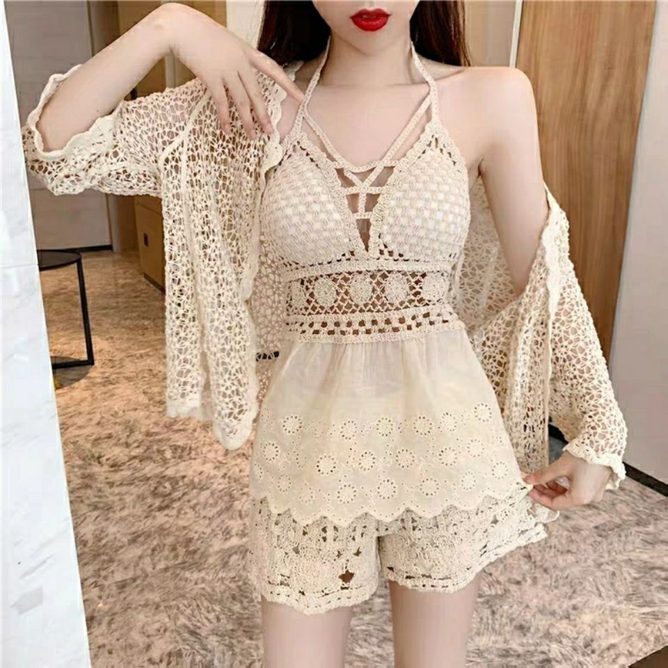 Seaside resort hot spring sexy small suspender lace up neck patch belly covered wide leg pants lace up swimsuit three piece set