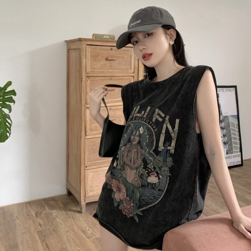 Official drawing frame cotton port style American retro sleeveless vest T-shirt women's Summer Black Loose
