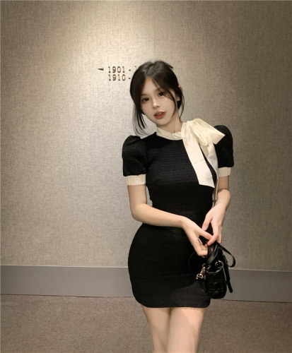 Real photography big heart French high-level feeling white waist closed black dress summer celebrity Hip Wrap Skirt