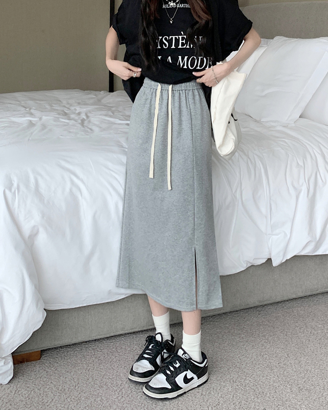 Real price summer skirt women's medium length Korean style high waist lace up split A-line straight tube cover straddle thin skirt