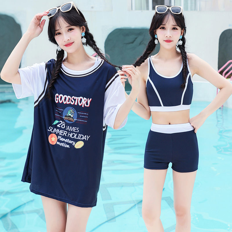 Swimsuit women's split plus size 200 Jin thin three piece set conservative sports style sunscreen student swimsuit