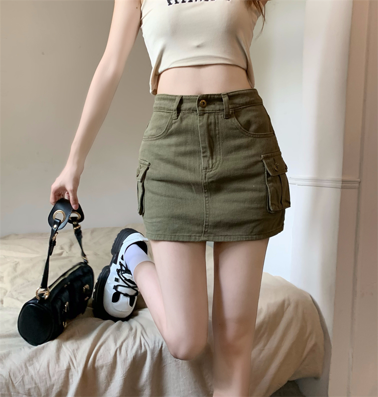 Real price hot girls' work clothes pocket design short skirt women's high waist thin jeans hip wrap skirt pants