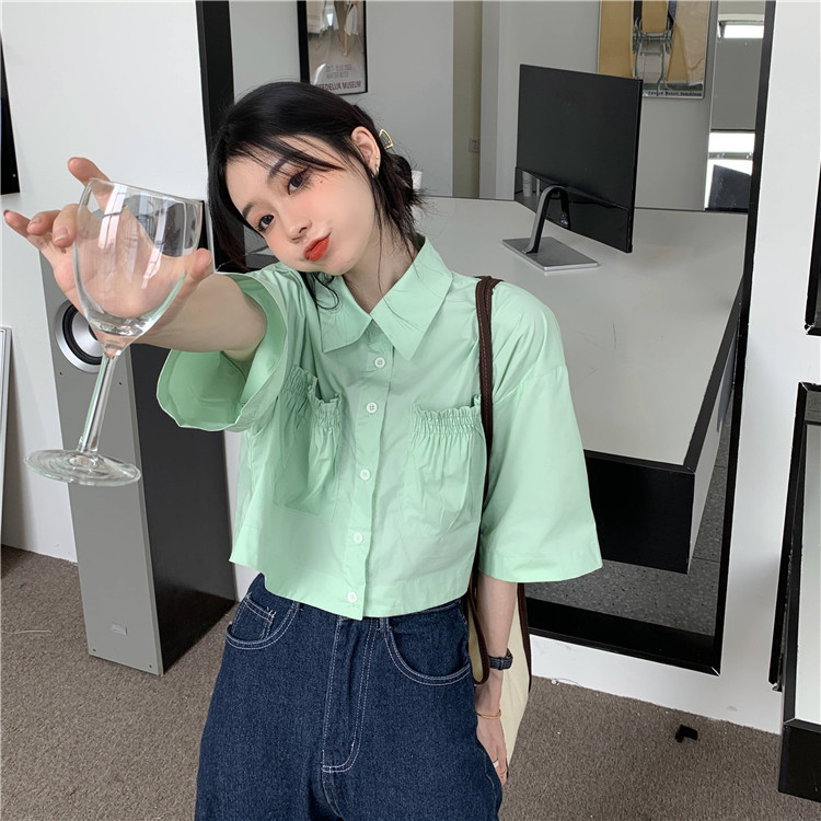 Summer Korean design sense niche short shirt top new chic Hong Kong style green thin shirt women