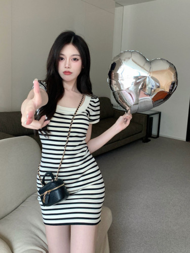 Real price and real shooting new style square neck striped short sleeve slim fit Hip Wrap Dress