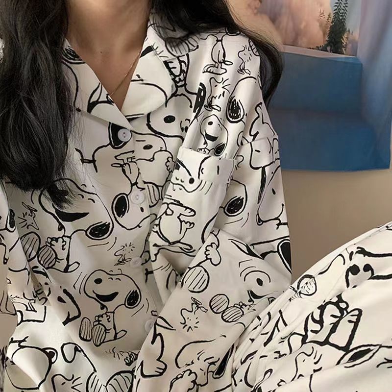 New ins pajamas female spring and autumn student cardigan Korean cartoon Snoopy long sleeved home clothes two-piece suit