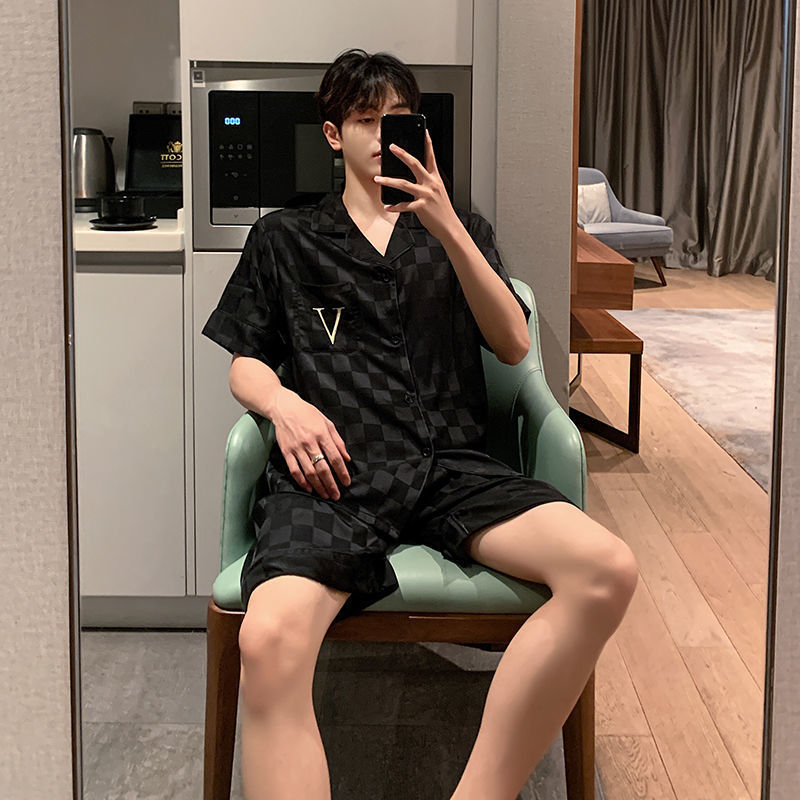 Pajamas men's summer ice silk short sleeved shorts thin men's large loose simulation silk summer home suit