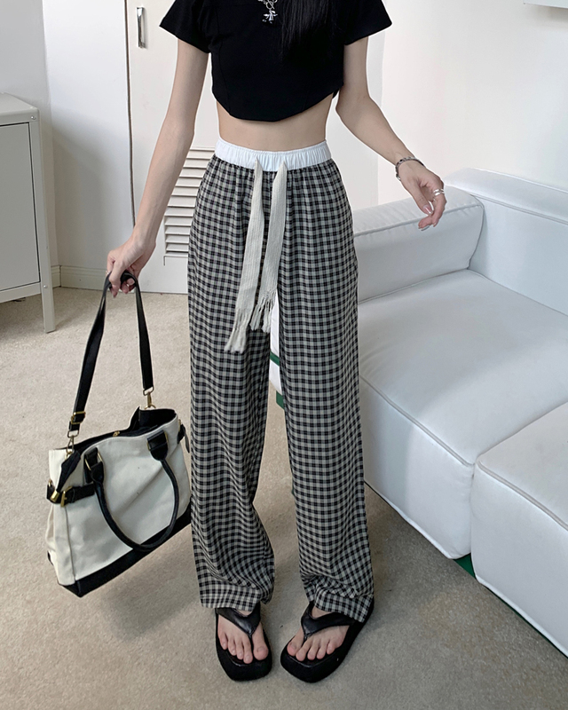 Real auction, real price, 2022 new versatile plaid pants, women's high waist, straight tube, loose and mopping casual pants