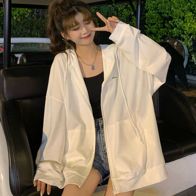 Breathable ice sunscreen clothes for female students Korean loose fashion ins white versatile zipper jacket thin 2022 NEW