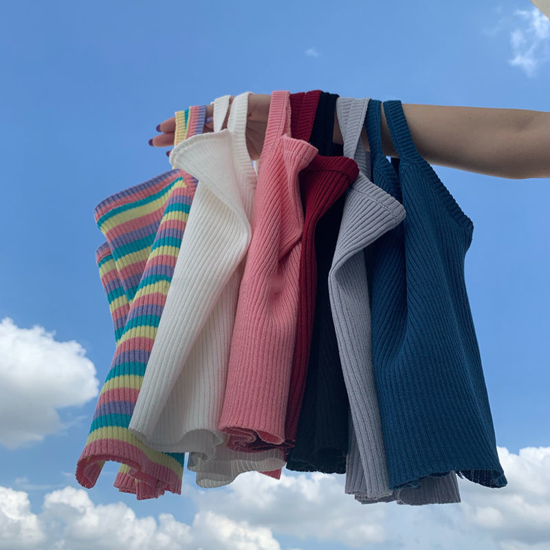 Spring 2021 new Korean style design sense, minority wear knitted small suspender vest, women's short bottomed top