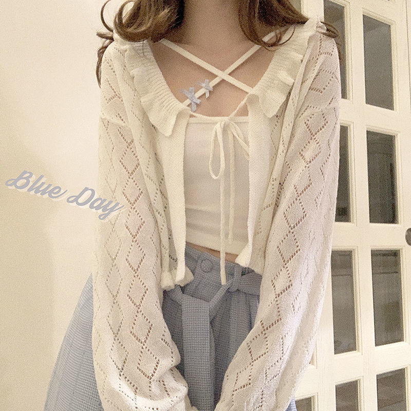 2022 New Vintage small fresh hollow out long sleeved knitted Cardigan Jacket Women's sunscreen thin shawl top