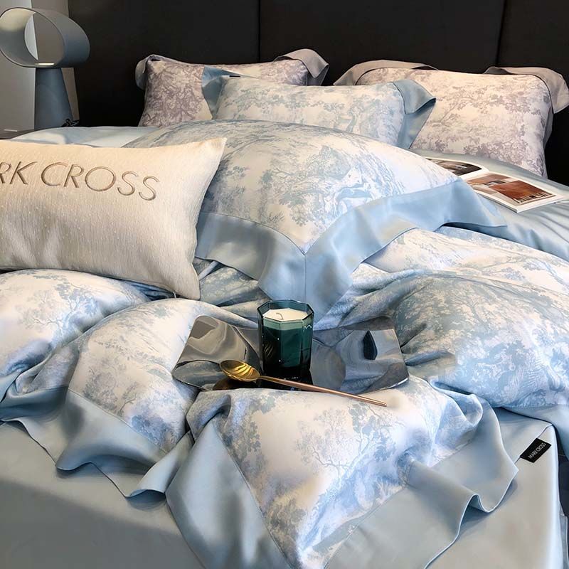Nordic style summer high-grade ice silk four piece set of cold quilt cover sheet fitted sheet bedding
