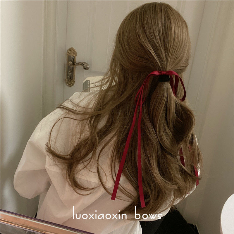 Hair band female outgoing temperament leather band tie hair rope net red hair ornament super fairy bow ribbon ribbon headdress