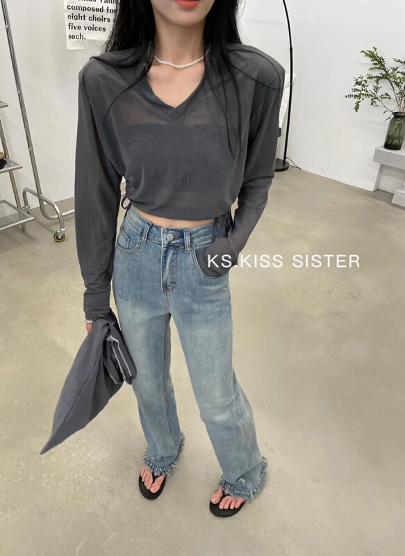 [KS] foreign style high waist, versatile, thin, rough edged floor mops, straight jeans 29138# cqw