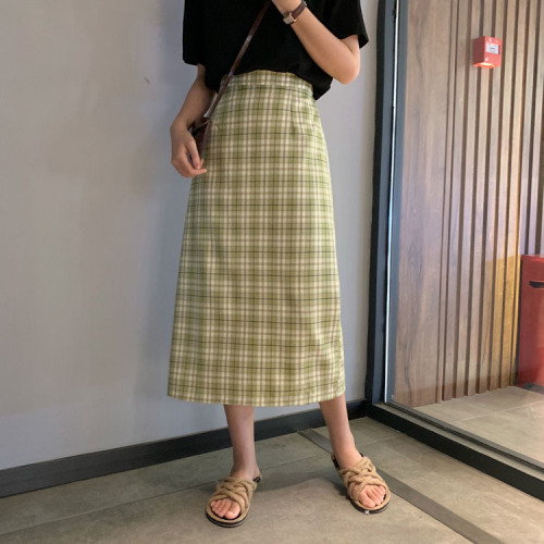 Real price ~ 2021 new Korean plaid skirt mid length slim split one-step skirt student skirt