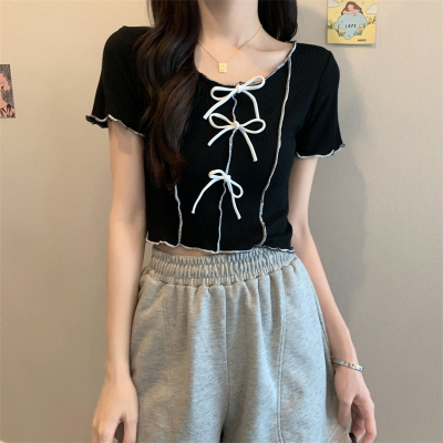2022 summer new butterfly fungus edge design, slim and thin, short breath, ice cool silk knitted top for women