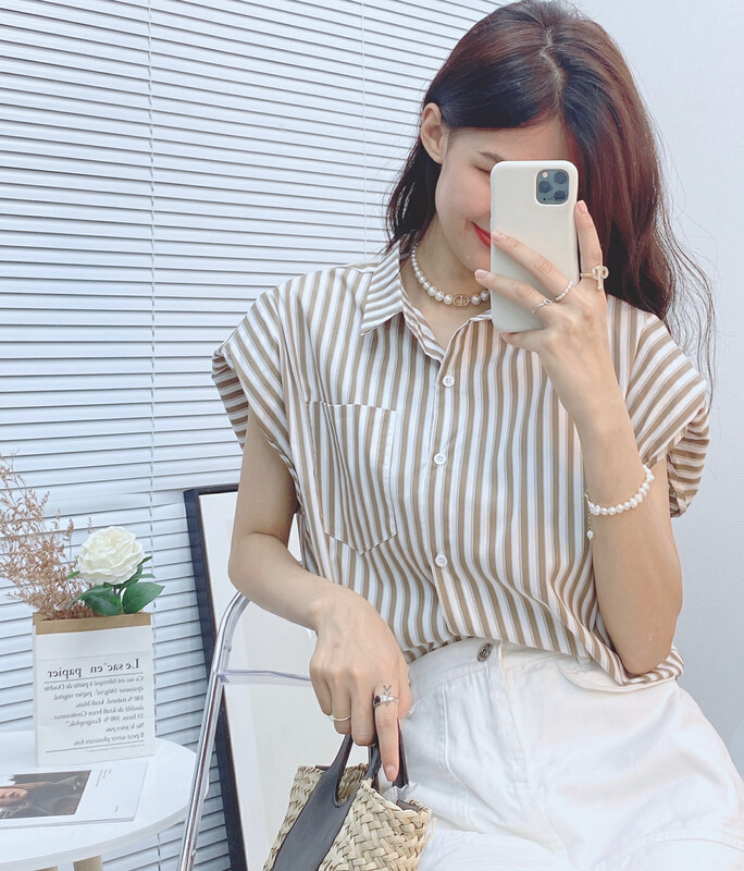 Original price 55.27! [I-D] Korean style hem elastic shoulder pad sleeveless striped shirt ys8265 \ll