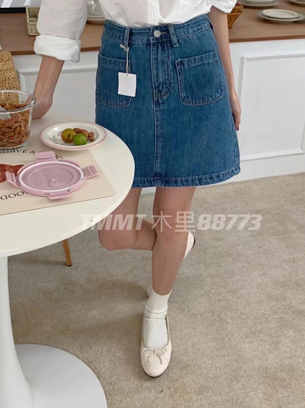 [jiajiatmmt wooden lining] foreign style thin high waist pocket sweet niche washing water version a denim skirt 8773# L