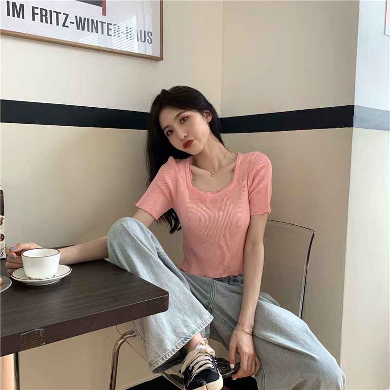 Real shot real price new gentle French style small retro square collar short sleeve lace knit top