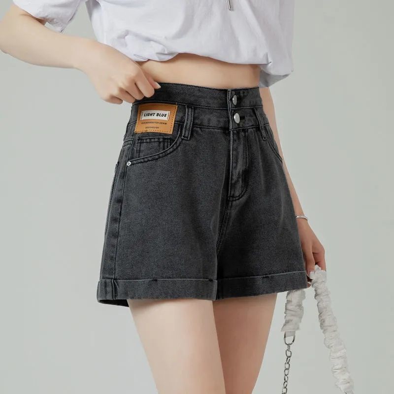 Black grey Wide Leg Denim Shorts women's new summer 2022 high waist slim loose Spice Girls A-line curly hot pants