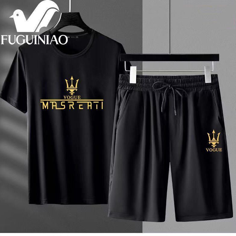 Summer ice quick drying short sleeve T-shirt casual suit men's sports shorts men's large