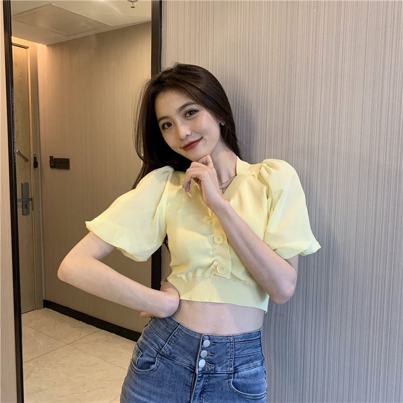 Real price V-neck mesh bubble sleeve slim top short sleeve knitted T-shirt