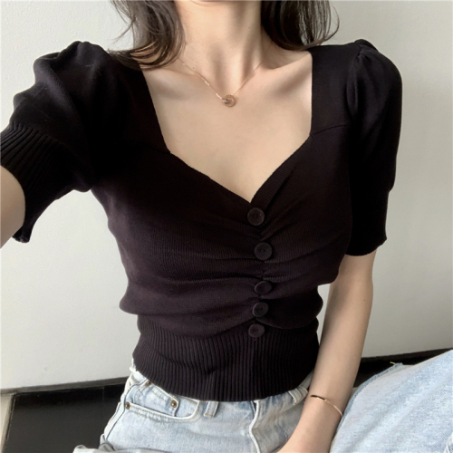 Real-price Hong Kong-style retro sexy low-breast V-neck foam sleeve knitted T-shirt jacket
