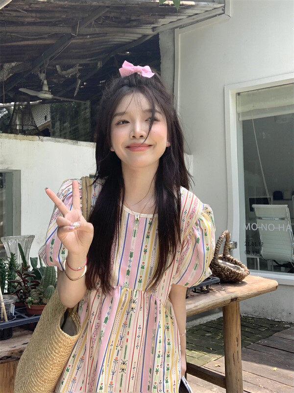 [dolly] Korean sweet aging print dress (with Brooch) 1990\pcz