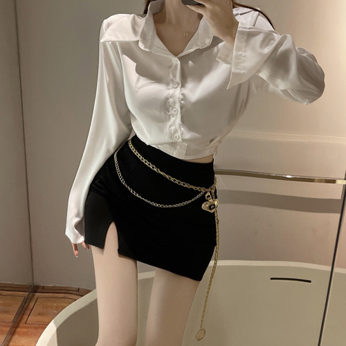 Real price short casual Satin long sleeved shirt + sexy spice girl high waist split Hip Wrap Skirt