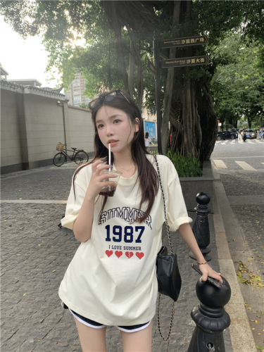 American retro printed cotton loose short sleeve T-shirt for women