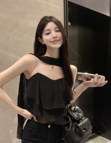 Real price real shot Han man female secretary with Ribbon Chiffon suspender vest off shoulder spicy girls short top