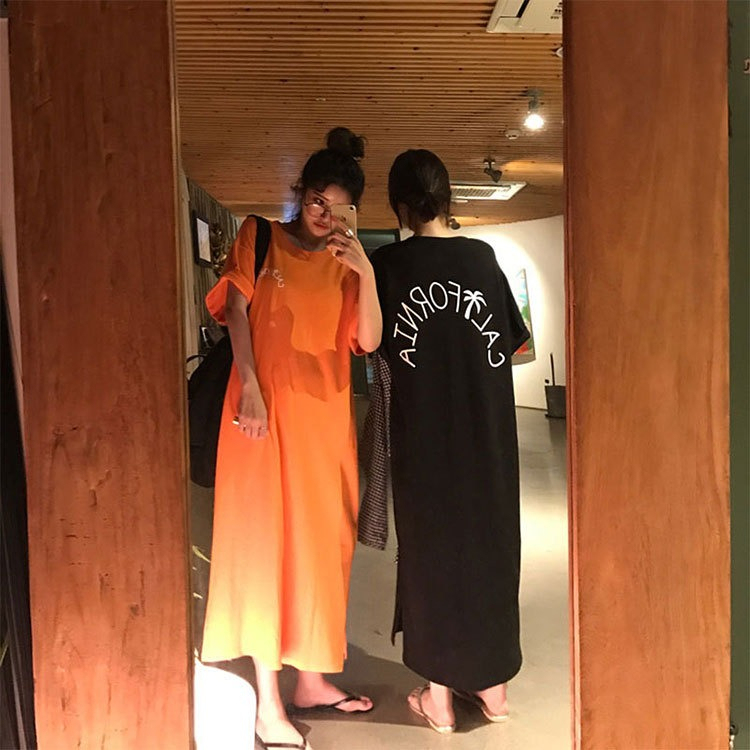 Summer new short sleeve loose oversized split medium length dress T-shirt m-4xl