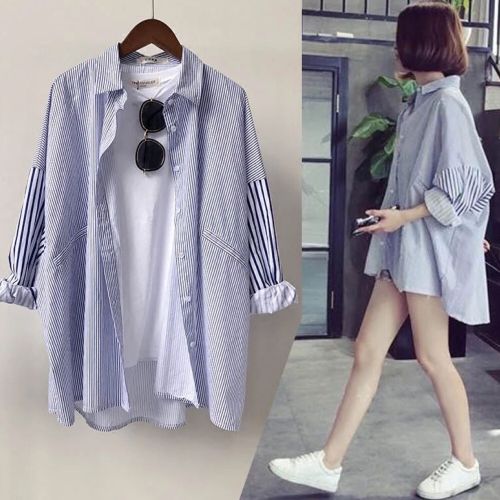 Spring striped shirt women's mid long long sleeve large size student's loose Korean boyfriend coat Village
