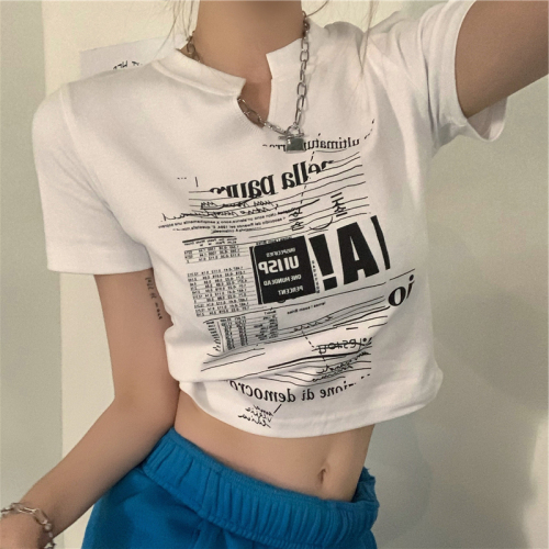 Real price official figure 90 polyester fiber 10 spandex Imitation cotton rib American retro V-neck short sleeve T-shirt women's summer