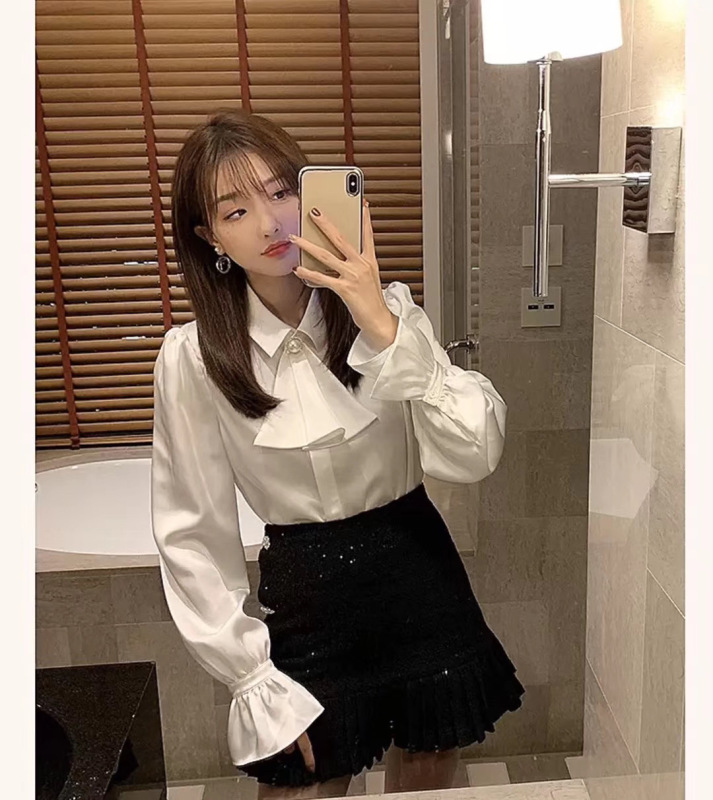 Original price 89.11! [Linna] net version pearl buckle BOW TIE LAPEL shirt 9268# JJ