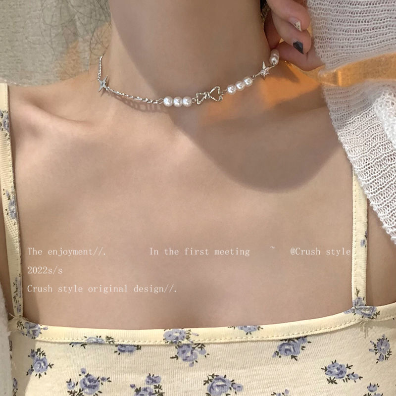 Cool style four awn star Pearl splicing Necklace female Choker design sense high-grade Spice Girl clavicle chain accessories trend
